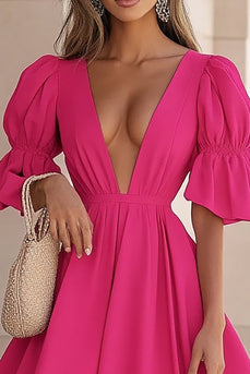 Fuchsia A Line Satin V-Neck Mini Cocktail Dress with Ruffles