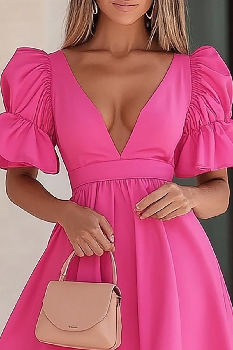 Load image into Gallery viewer, Fuchsia V-Neck Satin Mini Cocktail Dress with Ruffles