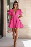 Load image into Gallery viewer, Fuchsia V-Neck Puff Sleeves A Line Mini Cocktail Dress