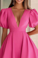 Load image into Gallery viewer, Fuchsia V-Neck Puff Sleeves A Line Mini Cocktail Dress