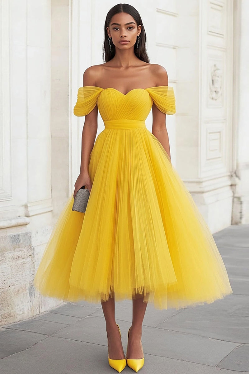 yellow tulle midi dress Yellow Embroidered Tulle A-Line Midi Dress