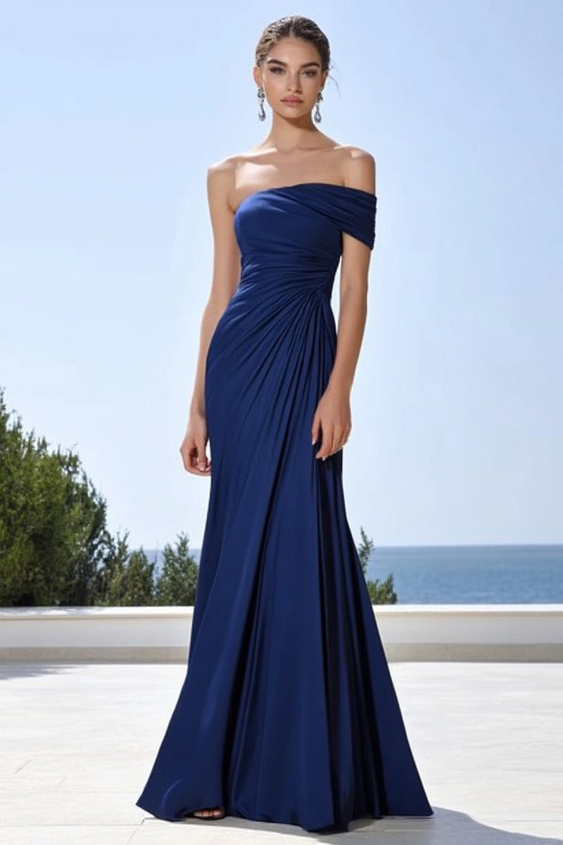 Load image into Gallery viewer, Navy Satin Ruched Mermaid Maxi Formal Dress