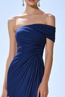 Navy Satin Ruched Mermaid Maxi Formal Dress