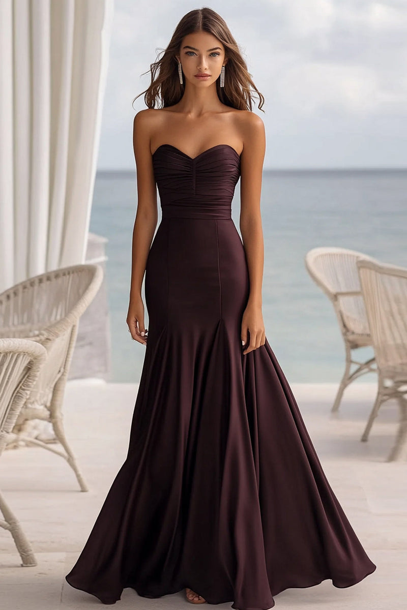Load image into Gallery viewer, Women Coffee Mermaid Chiffon Maxi Formal Dress Sweetheart Ruched Strapless Evening Dress