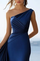 Load image into Gallery viewer, Navy Satin One Shoulder Mermaid Maxi Formal Dress