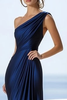Navy Mermaid Ruched Satin One Shoulder Maxi  Formal Dress