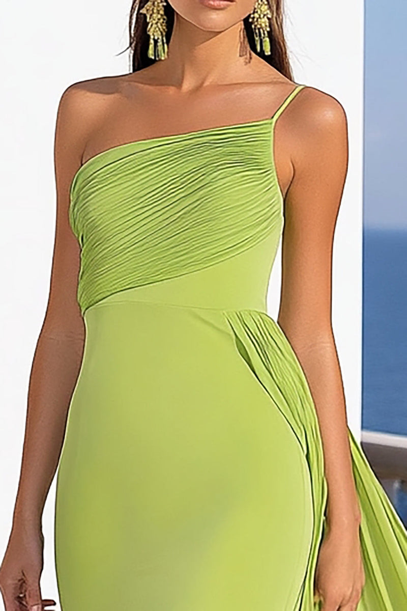 Load image into Gallery viewer, Lemon Green Mermaid One Shoulder Maxi Chiffon Formal Dress