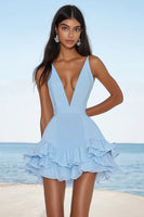 Load image into Gallery viewer, Sky Blue V-Neck Mini Graduation Dress with Ruffles