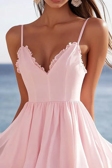 Pink Chiffon Corset V-Neck Mini Graduation Dress with Ruffles