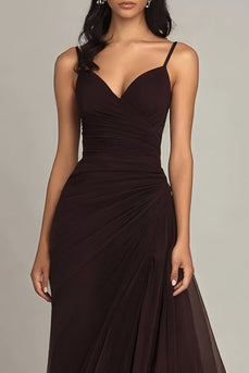 Dark Brown Spaghetti Straps Ruffled Long Chiffon Formal Dress