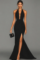 Load image into Gallery viewer, Black Mermaid Satin Halter Long Formal Dress with Slit