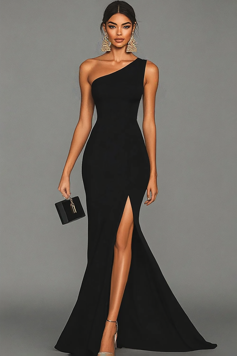 Load image into Gallery viewer, Women Black Satin Long Formal Dress with Slit One Shoulder Mermaid Evening Dress
