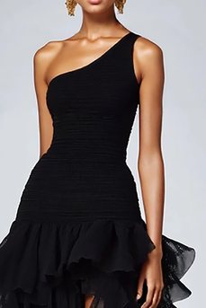 Black Organza One Shoulder High Low Formal Dress with Ruffles