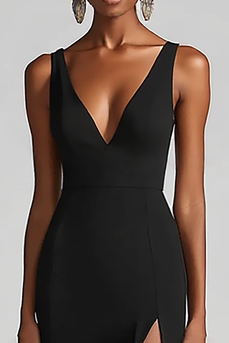 Black Chiffon Mermaid V Neck Long Formal Dress with Slit