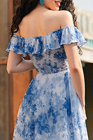 Load image into Gallery viewer, White Blue Flower A Line Ruffled Maxi Prom Dress with Slit