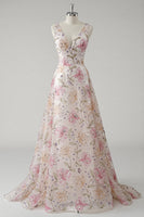 Load image into Gallery viewer, Sparkly Pink V-Neck Floral A Line Maxi Prom Dress with Beading