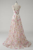 Load image into Gallery viewer, Sparkly Pink V-Neck Floral A Line Maxi Prom Dress with Beading