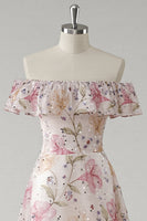 Load image into Gallery viewer, Sparkly Pink Off the Shoulder Floral A Line Maxi Prom Dress with Ruffles