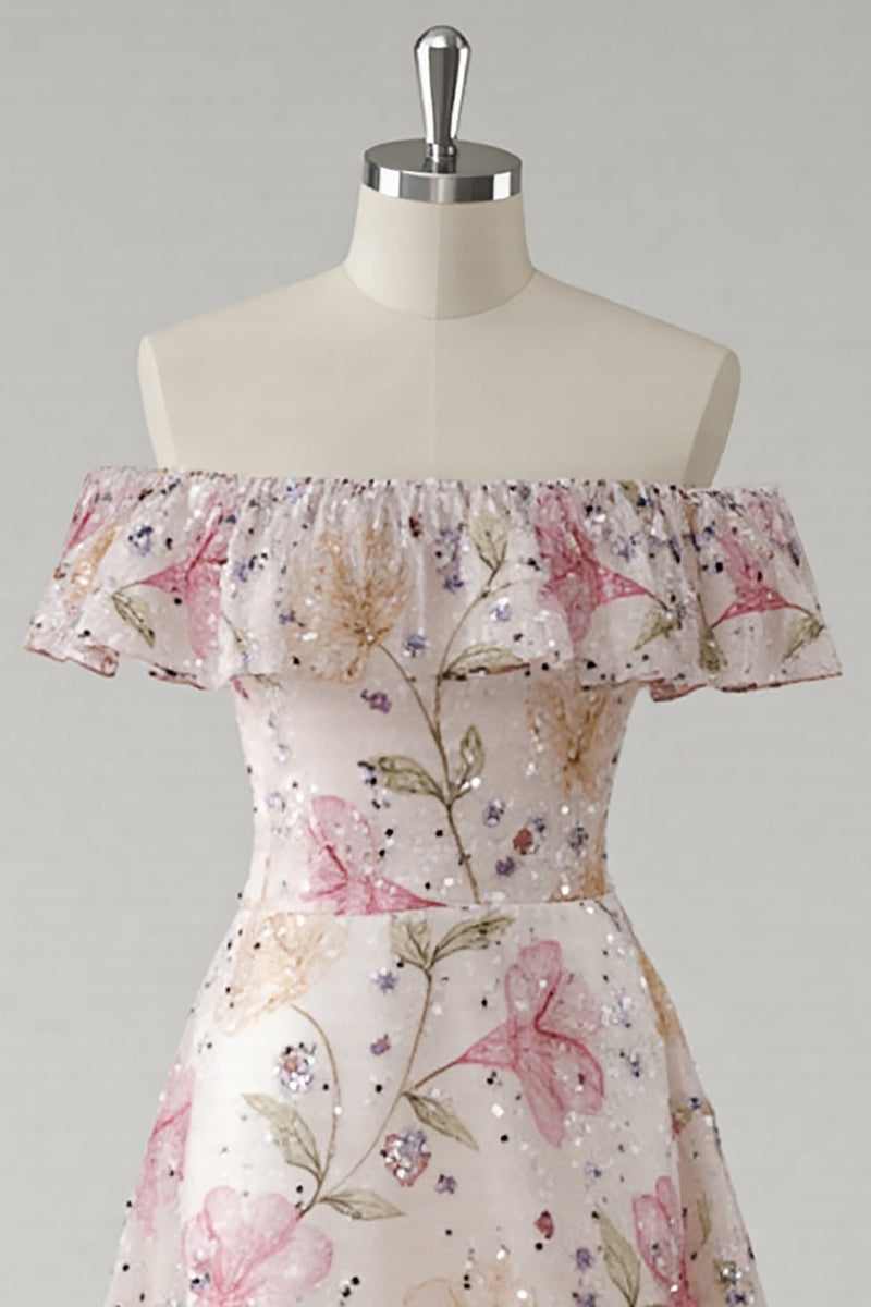 Load image into Gallery viewer, Sparkly Pink Off the Shoulder Floral A Line Maxi Prom Dress with Ruffles