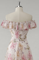 Load image into Gallery viewer, Sparkly Pink Off the Shoulder Floral A Line Maxi Prom Dress with Ruffles