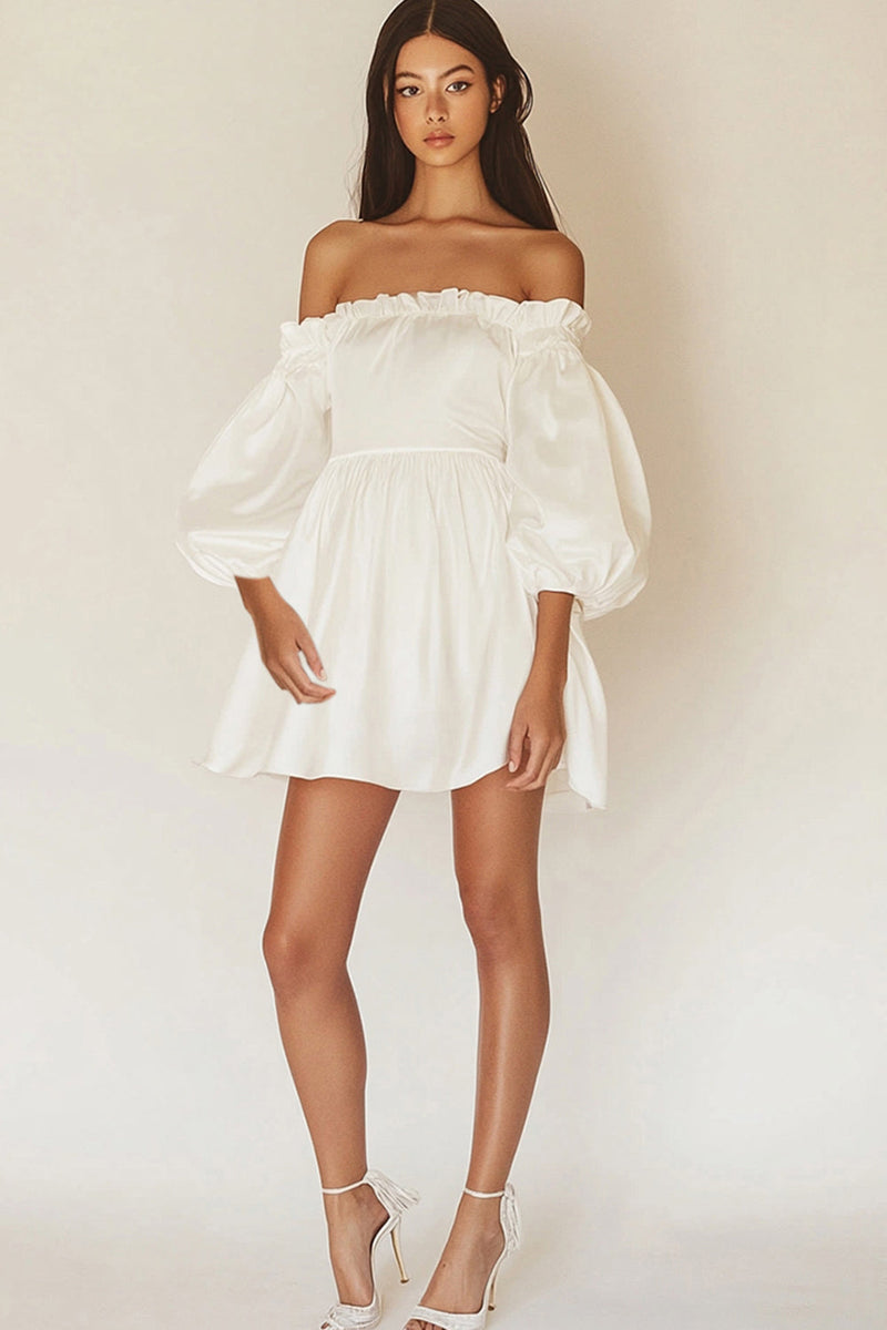 Load image into Gallery viewer, Ivory Satin Puff Sleeves Short Graduation Dress with Ruffles
