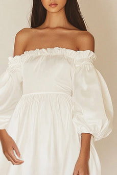 Ivory Satin Puff Sleeves Short Graduation Dress with Ruffles