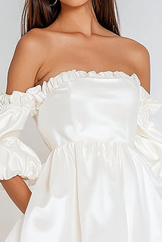 White Satin Short Puff Sleeves Graduation Dress with Ruffles