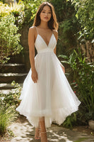 Load image into Gallery viewer, White Tulle V Neck Long A Line Engagement Dress
