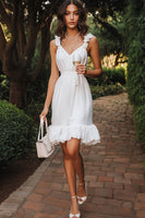 Load image into Gallery viewer, White Chiffon Short V Neck Graduation Dress with Ruffles
