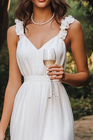 Load image into Gallery viewer, White Chiffon Short V Neck Graduation Dress with Ruffles