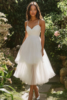 Load image into Gallery viewer, White Tulle Midi Pleated A Line Engagement Dress