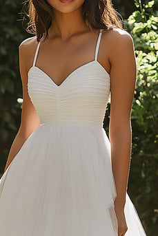 White Tulle Midi Pleated A Line Engagement Dress