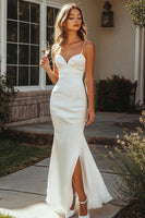Load image into Gallery viewer, Women White Satin Long Engagement Dress with Ruffles Spaghetti Straps Mermaid Rehearsal Dinner Dress with Slit