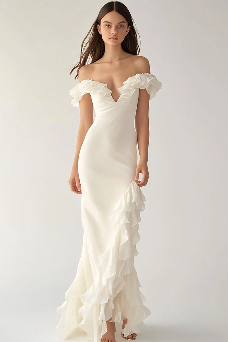 Load image into Gallery viewer, Ivory Long Satin Engagement Dress with Ruffles