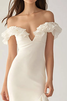 Ivory Long Satin Engagement Dress with Ruffles
