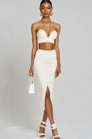 Load image into Gallery viewer, White Two Piece Satin Midi Engagement Dress with Slit