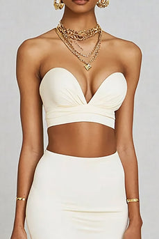 White Two Piece Satin Midi Engagement Dress with Slit