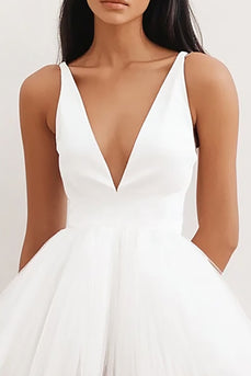 White Tulle Short V Neck A Line Graduation Dress