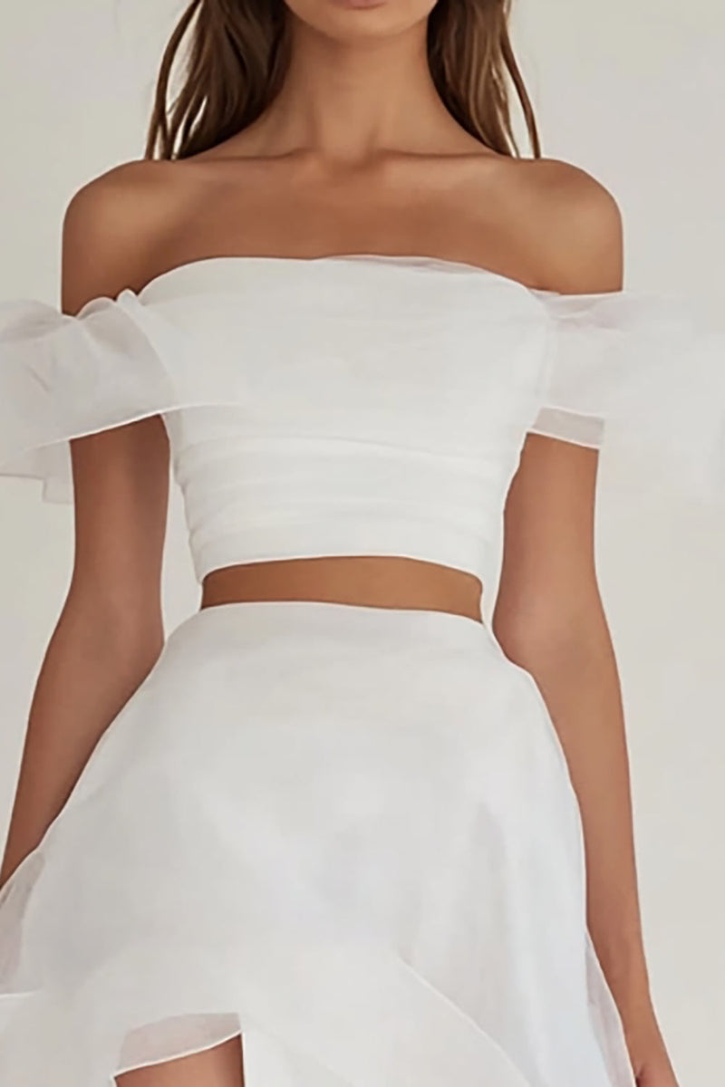 Queendancer Women White Organza Asymmetrical Engagement Dress with Ruffles  Off The Shoulder Two Piece A Line Rehearsal Dinner Dress with Slit –  queendanceruk