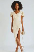 Load image into Gallery viewer, Champagne Midi Satin Bodycon Engagement Dress with Ruffles