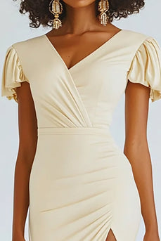 Champagne Midi Satin Bodycon Engagement Dress with Ruffles