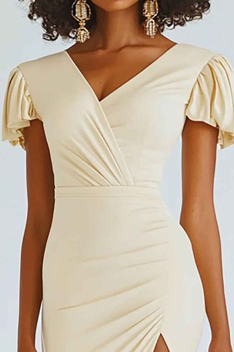 Load image into Gallery viewer, Champagne Midi Satin Bodycon Engagement Dress with Ruffles