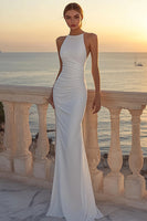 Load image into Gallery viewer, White Satin Round Neck Ruched Mermaid Boho Wedding Dress