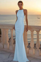 Load image into Gallery viewer, White Satin Round Neck Ruched Mermaid Boho Wedding Dress