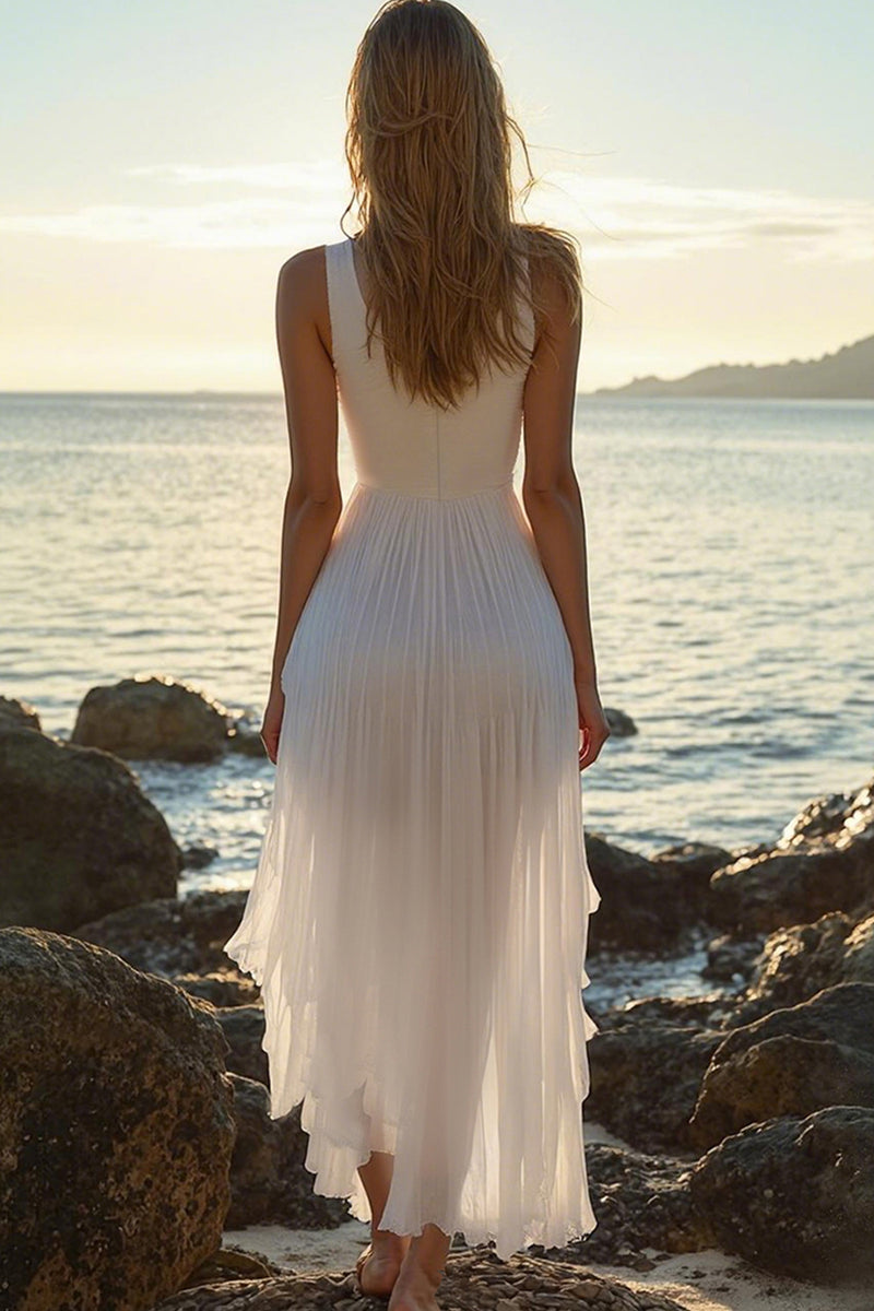 Load image into Gallery viewer, White Chiffon High-Low V Neck A Line Boho Dress