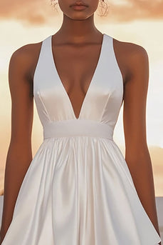 White Satin Short V Neck A Line Graduation Dress