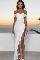 Load image into Gallery viewer, White Chiffon Off The Shoulder Asymmetrical Engagement Dress