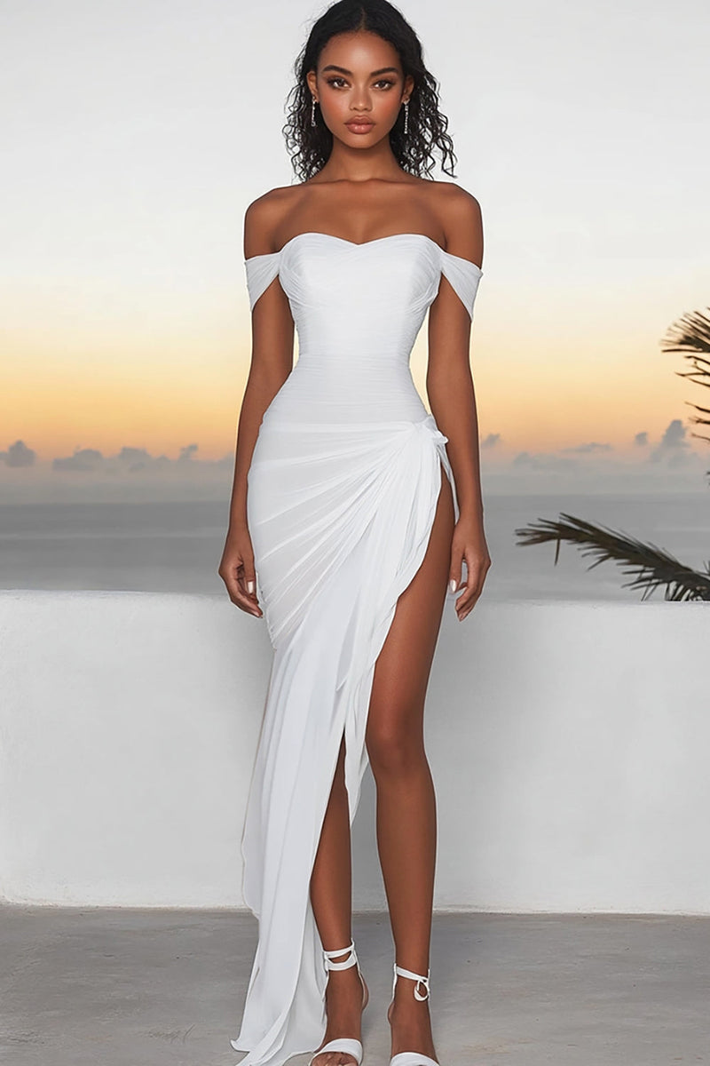 Load image into Gallery viewer, White Chiffon Off The Shoulder Asymmetrical Engagement Dress