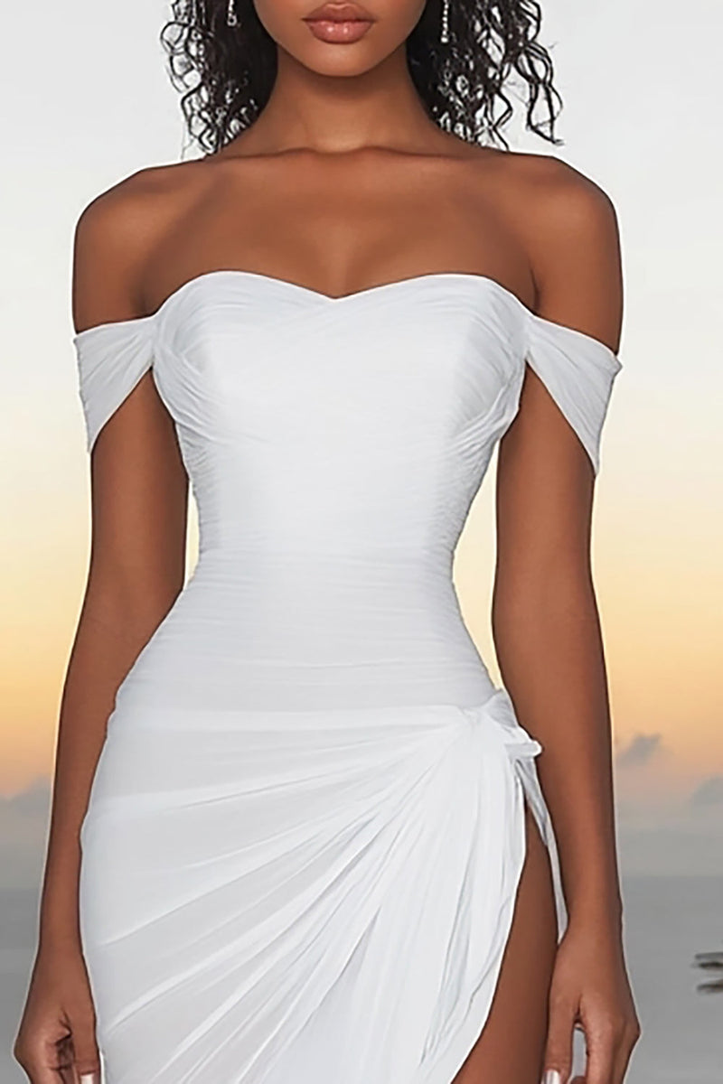 Load image into Gallery viewer, White Chiffon Off The Shoulder Asymmetrical Engagement Dress