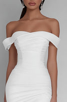 Load image into Gallery viewer, White Satin Off The Shoulder Ruched Short Bodycon Graduation Dress
